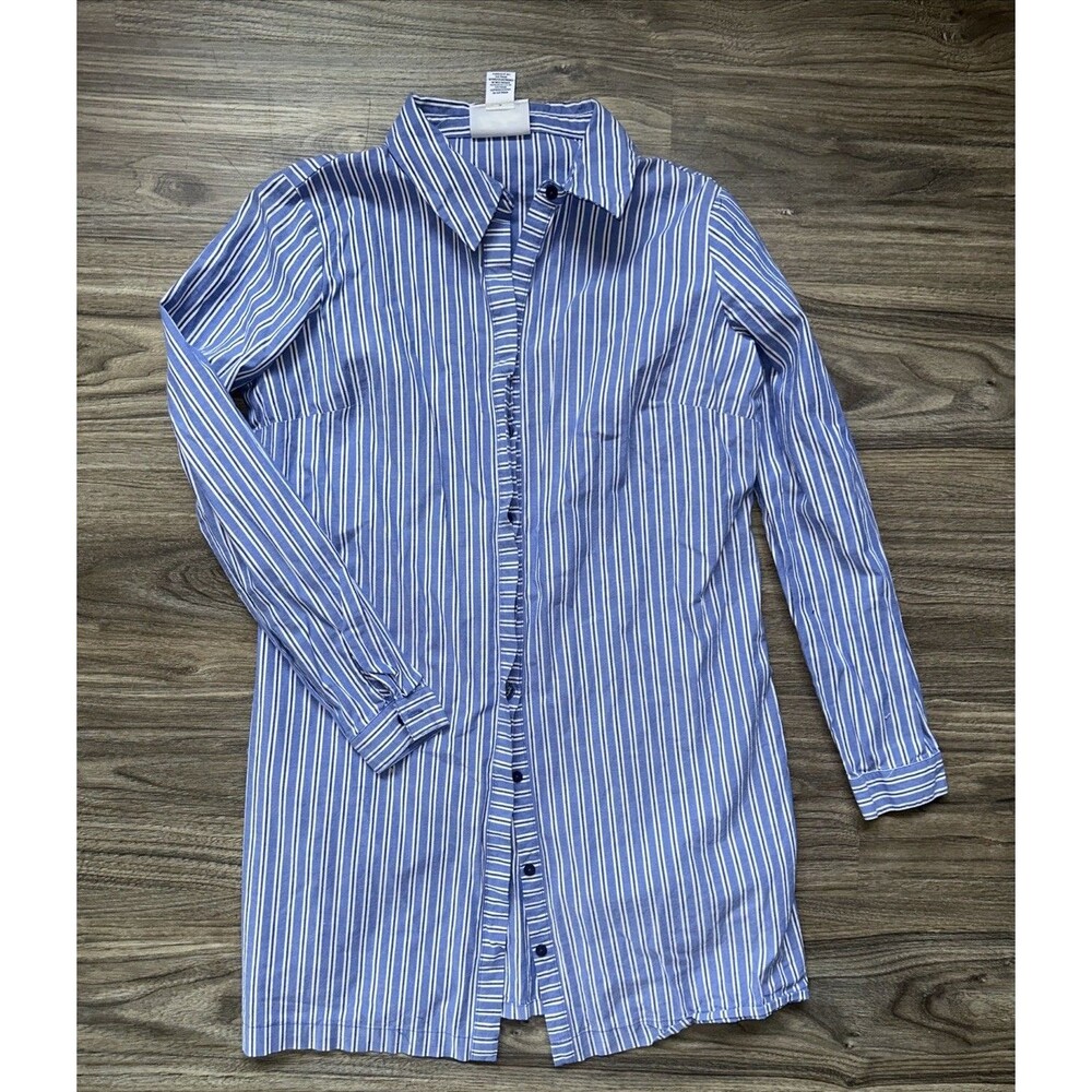 Long Button Up Shirt Dress Womens XS Blue Striped Collared Tunic Blouse Tops